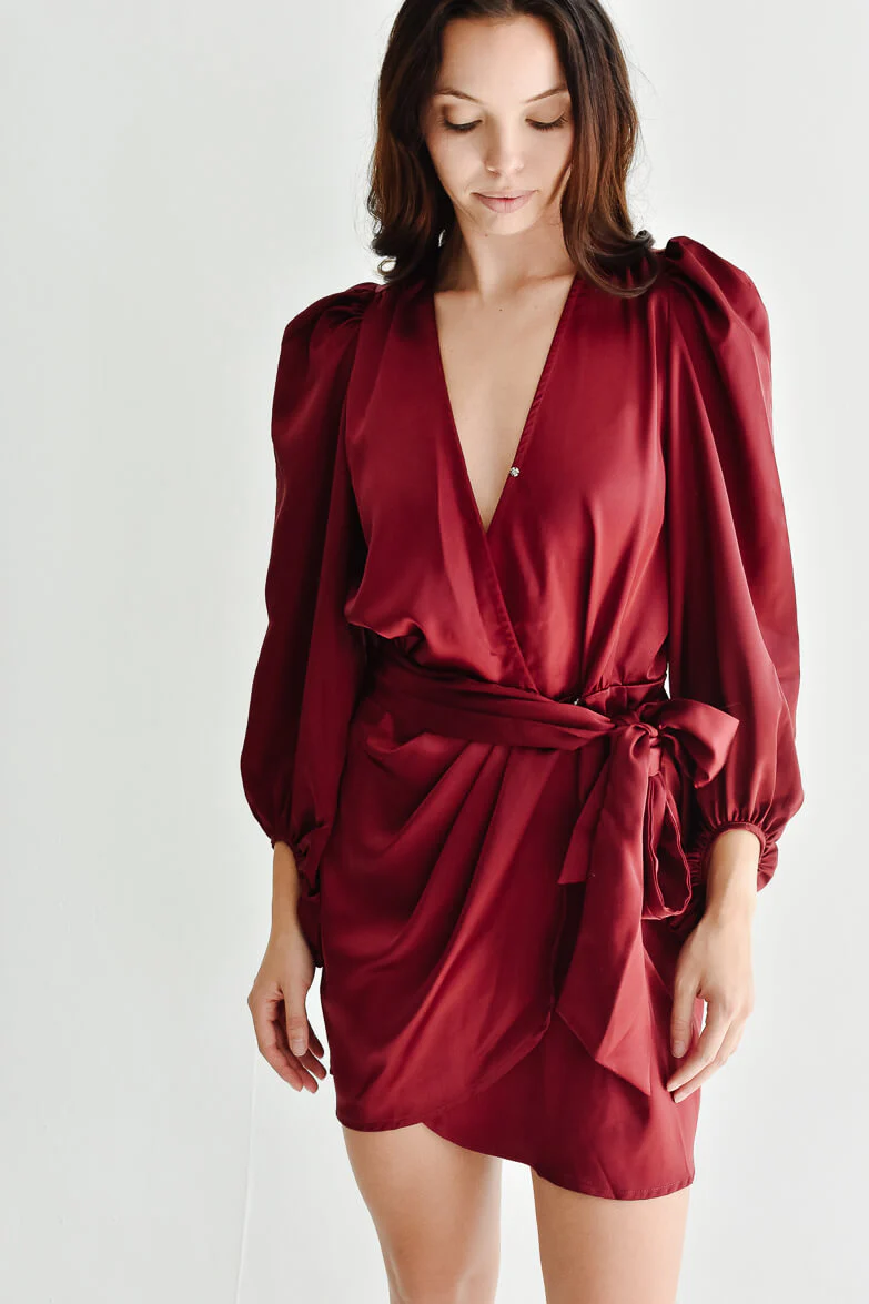Gal Satin Wrap Mini Dress - Burgundy - FINAL SALE