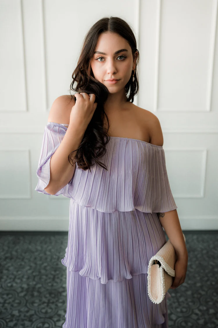 Natasha Pleated Off the Shoulder Lilac Midi