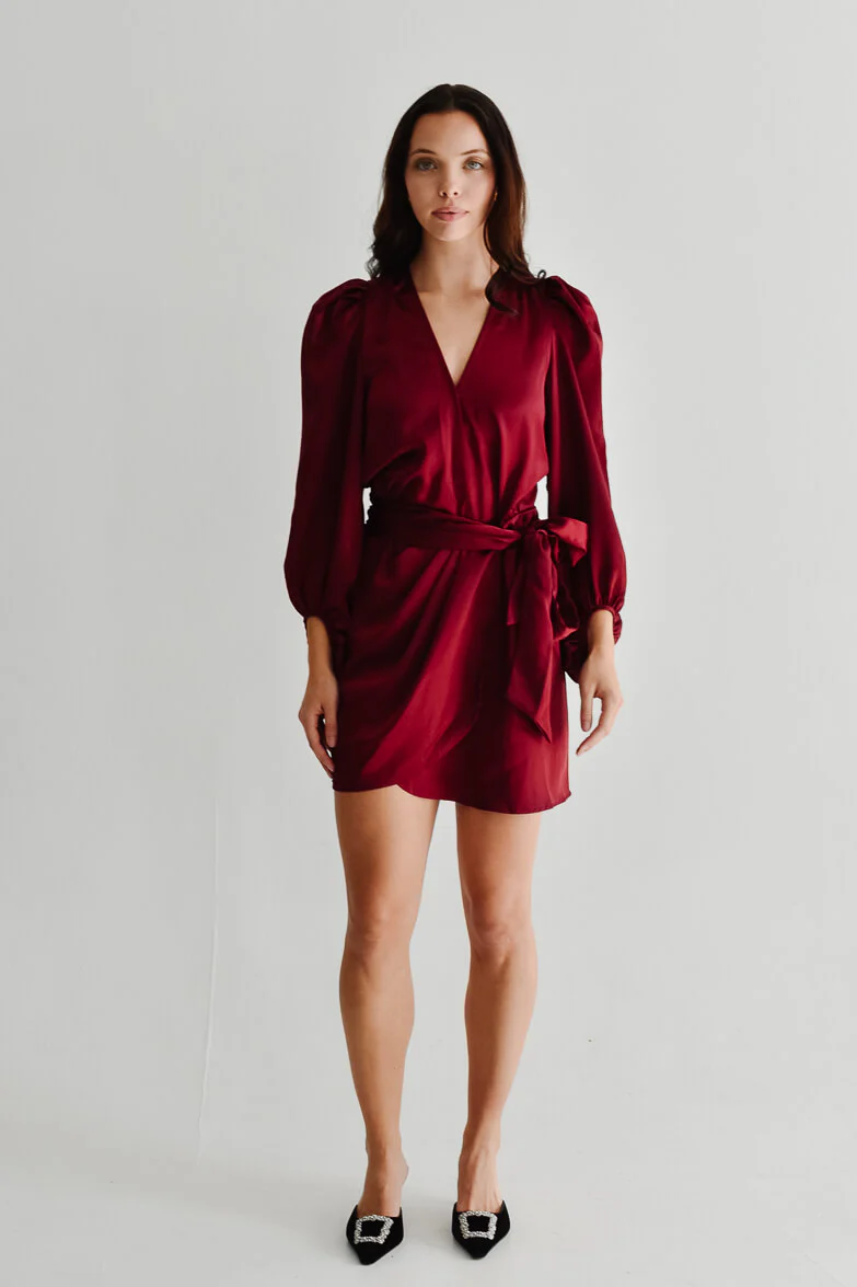 Gal Satin Wrap Mini Dress - Burgundy - FINAL SALE