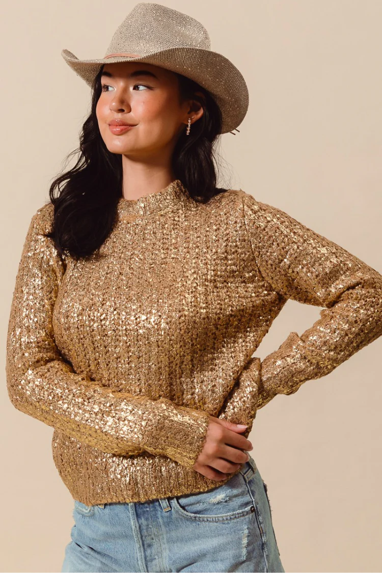 Chasing Midnight Metallic Crewneck Sweater - Gold