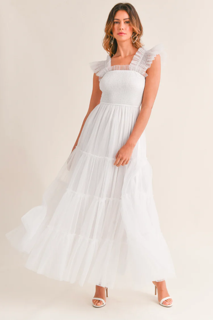 Fiori Tulle Tiered Maxi Dress - White