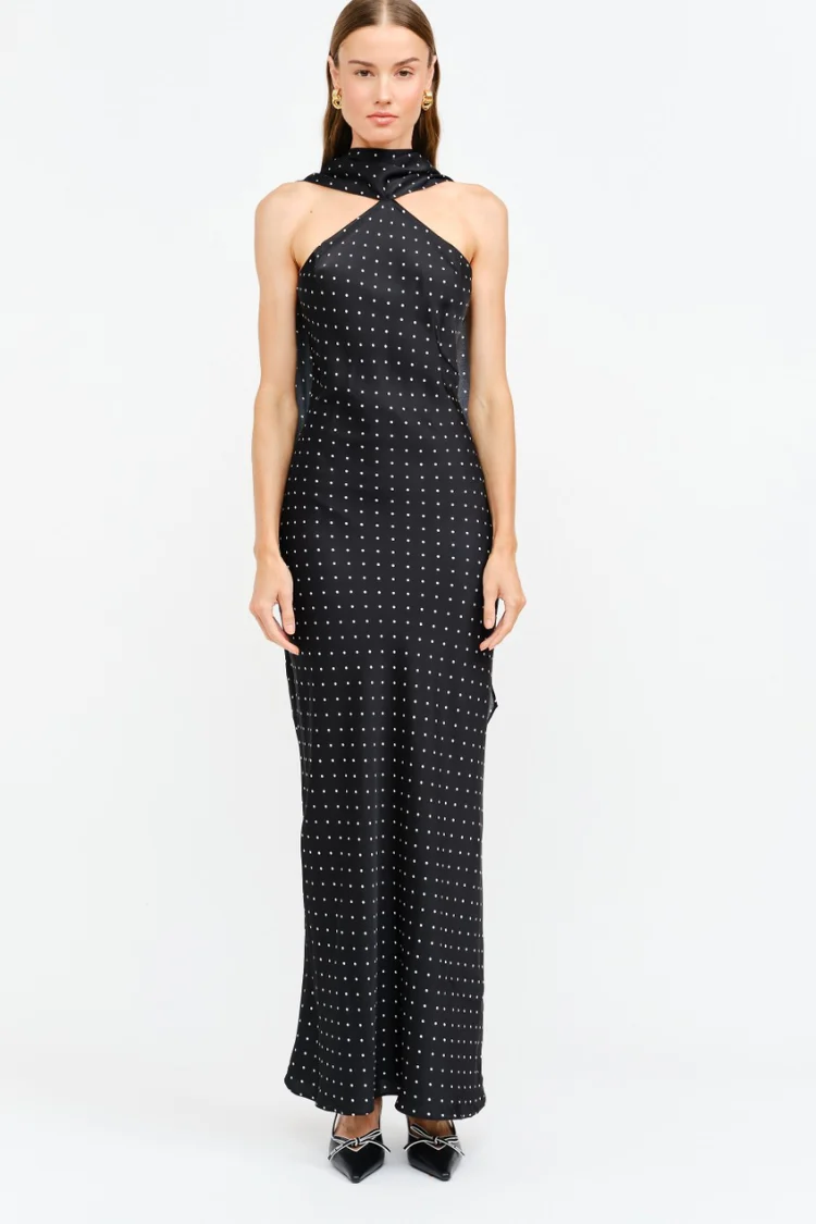 Pre-Order - Magdalena Polka Dot Maxi Dress with Neck Scarf - 12/5