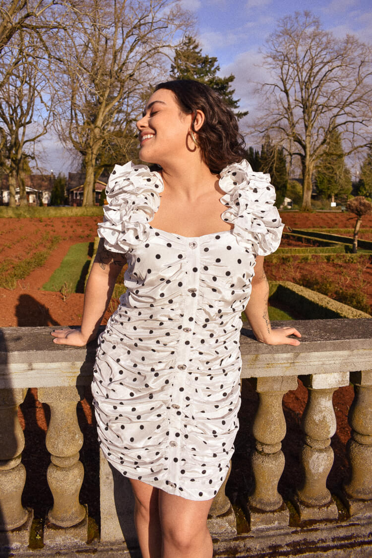 Chrissy Ruched Polka Dot Mini Dress - FINAL SALE