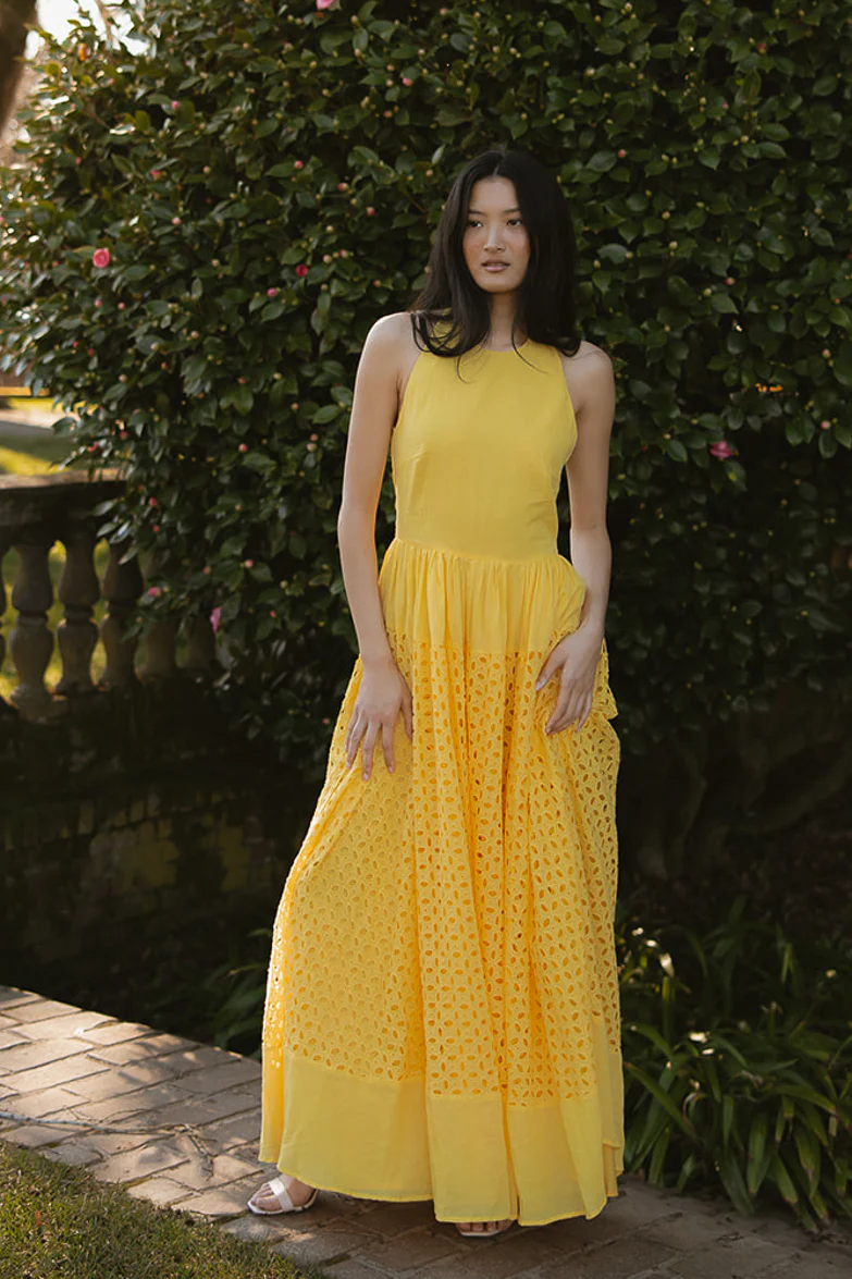 Serena Yellow Eyelet Maxi Dress