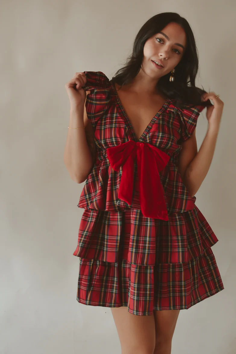 Evelyn Red Plaid Tiered Mini Dress