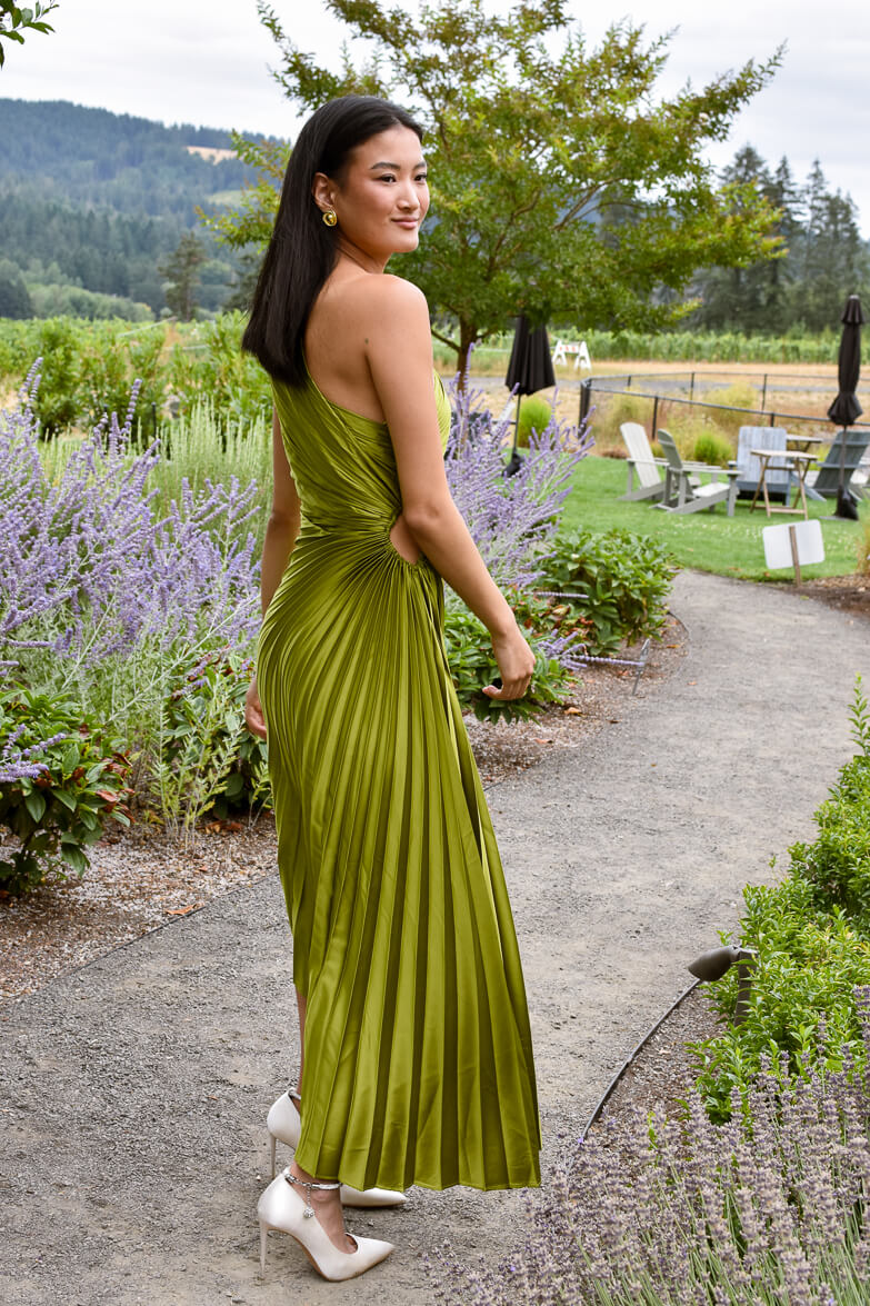Olympia Olive Green Pleated One Shoulder Gown