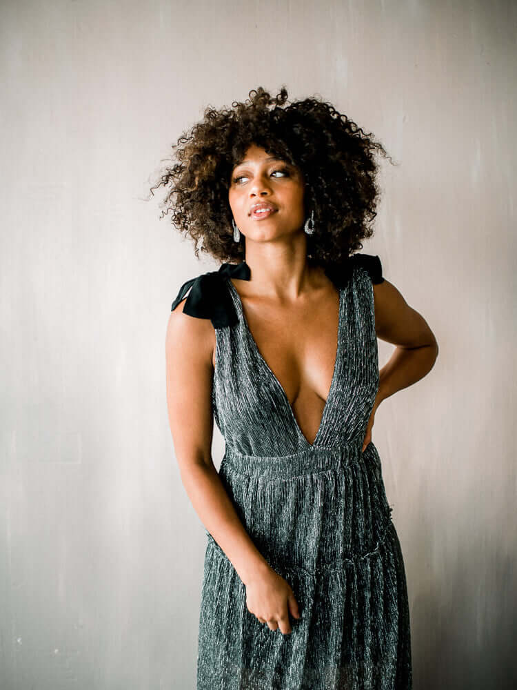 Halle Shoulder Tie Deep V Maxi - Silver