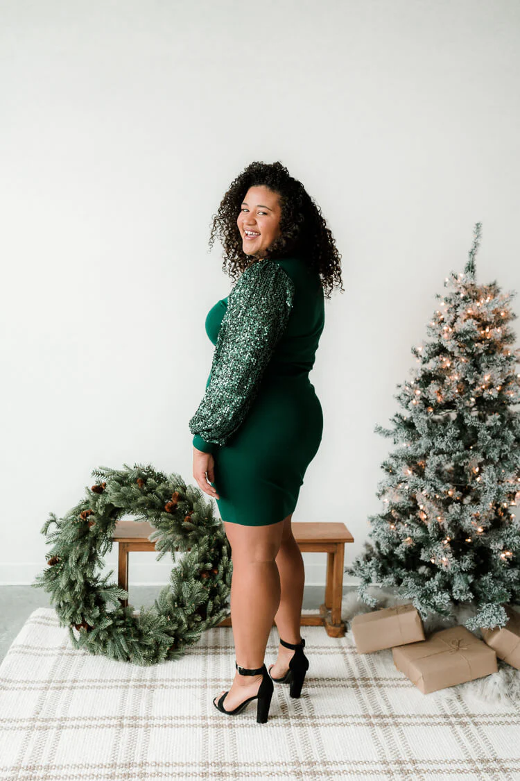 Frankie Green Sequin Sleeve Midi Dress