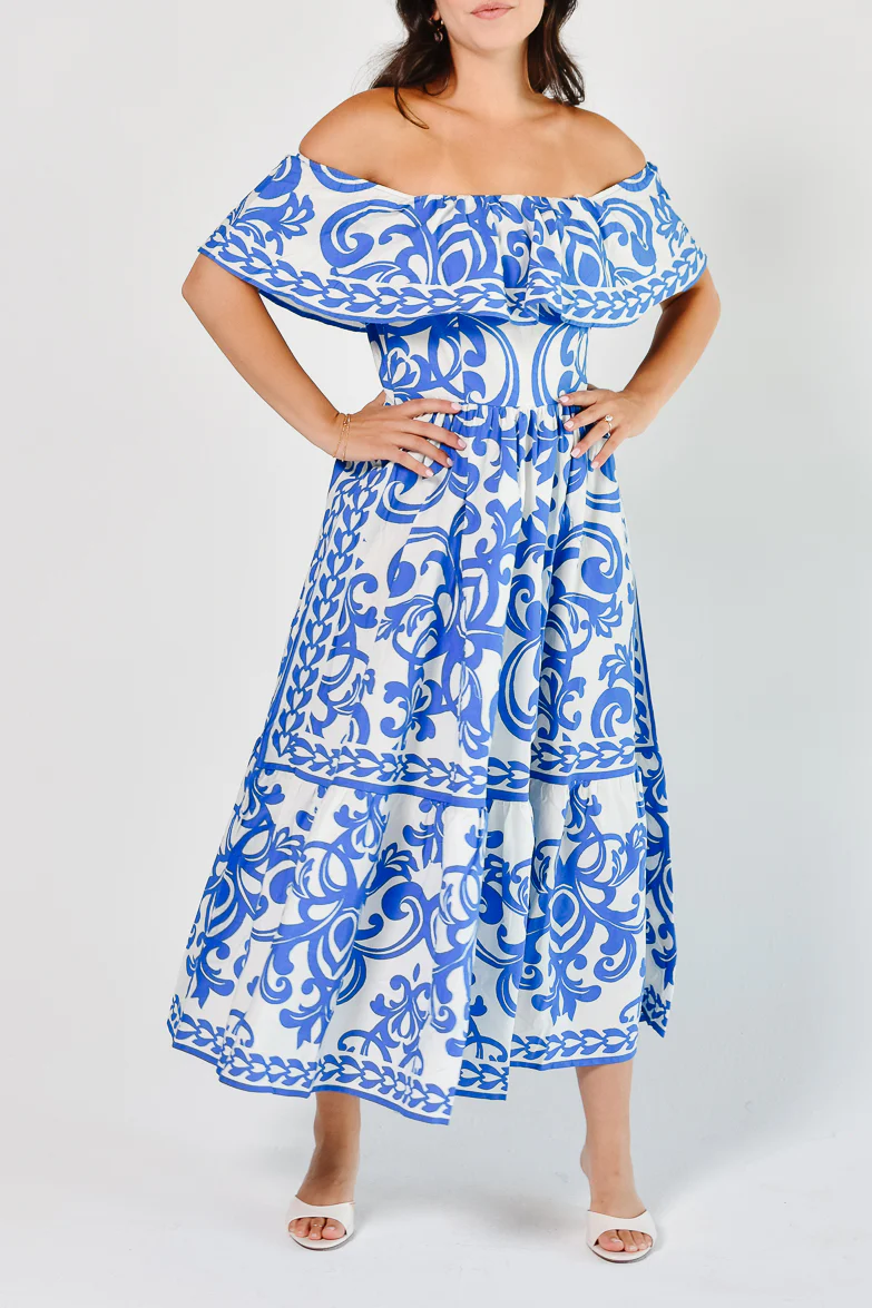 Catania Blue and White Tile Print Midi Dress