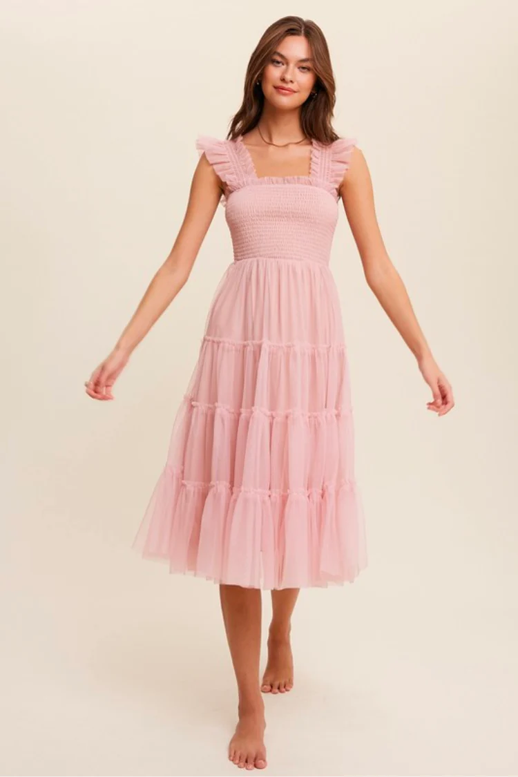 Fiori Short Pink Tulle Tiered Midi Dress - FINAL SALE
