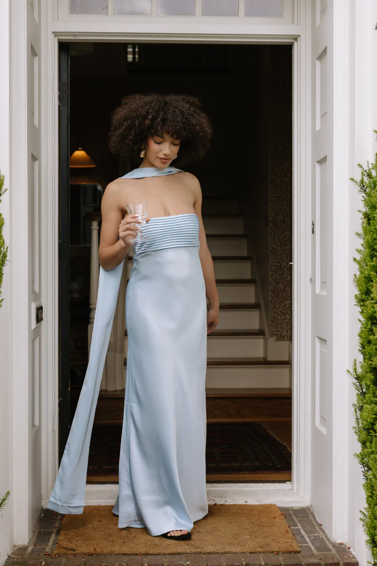 Elsa Ice Blue Maxi Dress with Neck Scarf