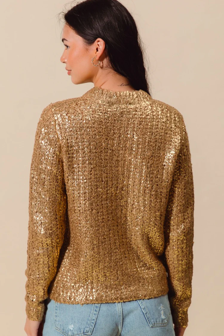 Chasing Midnight Metallic Crewneck Sweater - Gold