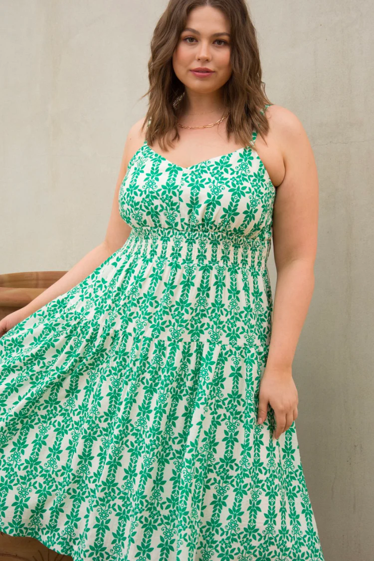 Remy Green and White Print Midi Dress