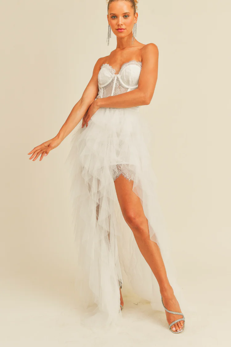 Elysée Lace Bustier Tulle High Low Maxi Dress
