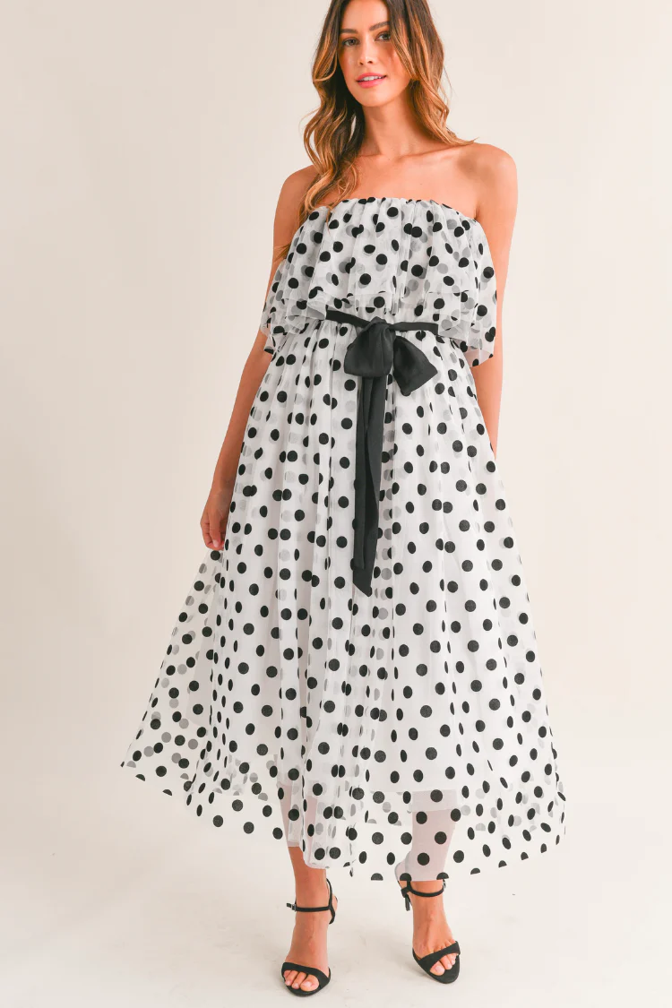Marne Polka Dot Strapless Midi Dress