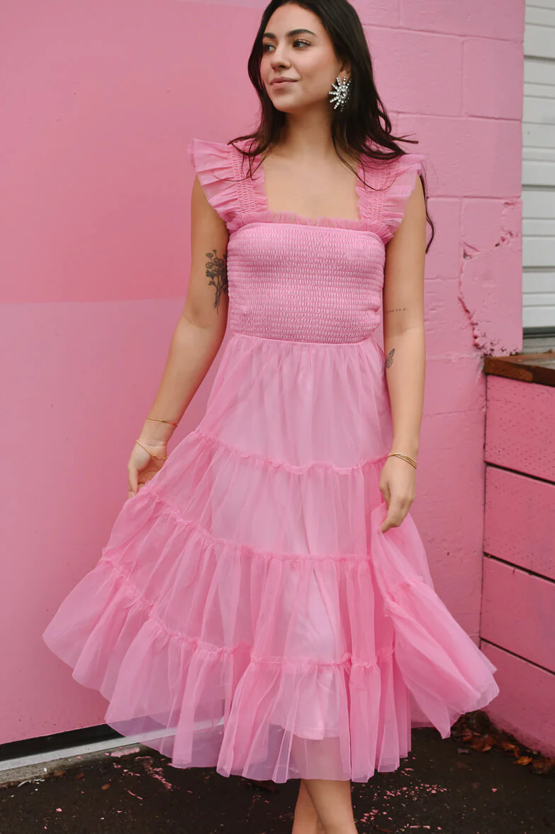 Fiori Short Bright Pink Tulle Tiered Midi Dress