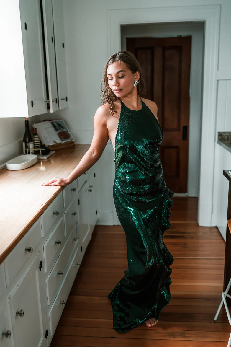 Evangeline Green Sequin Halter Maxi Dress