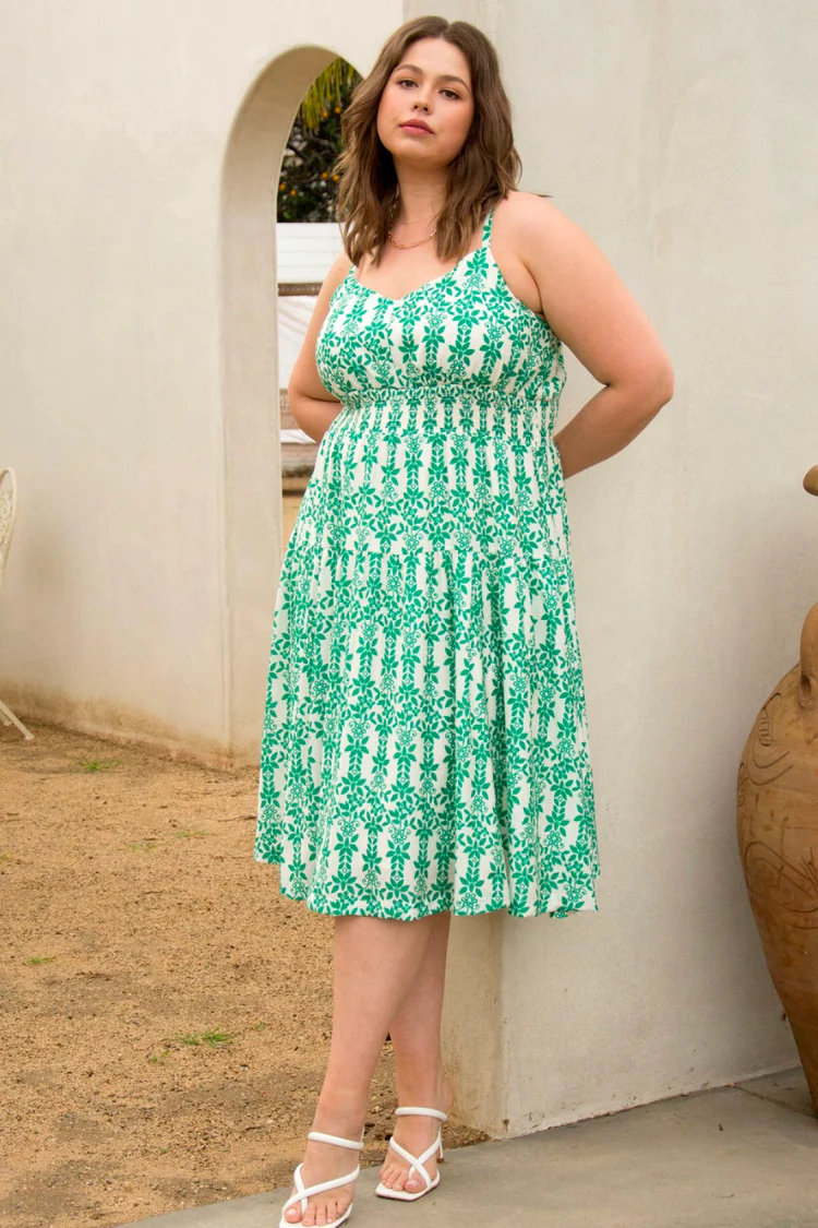 Remy Green and White Print Midi Dress