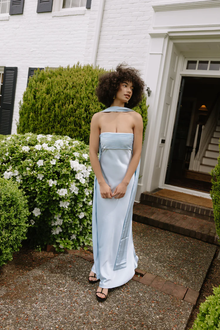 Elsa Ice Blue Maxi Dress with Neck Scarf