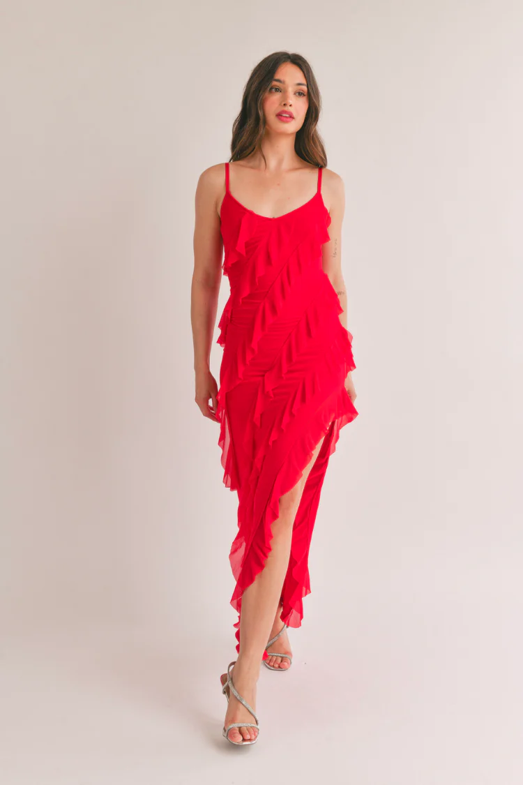 Natalia Bias Cut Ruffled Maxi Dress - Cherry Red - FINAL SALE