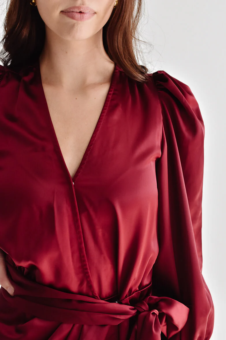 Gal Satin Wrap Mini Dress - Burgundy - FINAL SALE