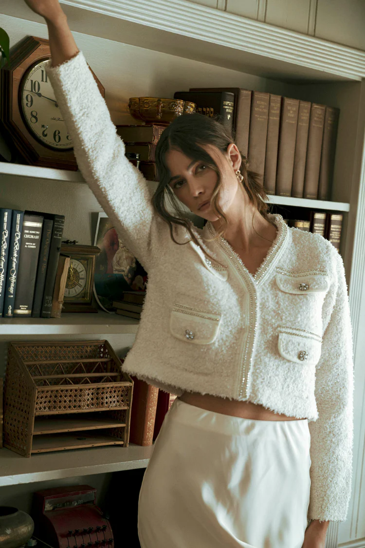 Marlo Rhinestone Embellished Tweed Knit Jacket - Cream