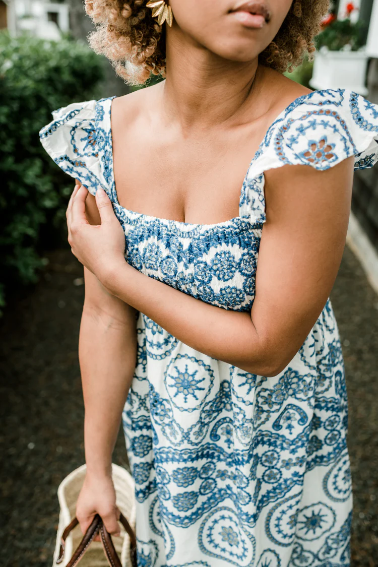 Marisol Blue and White Eyelet Midi Dress