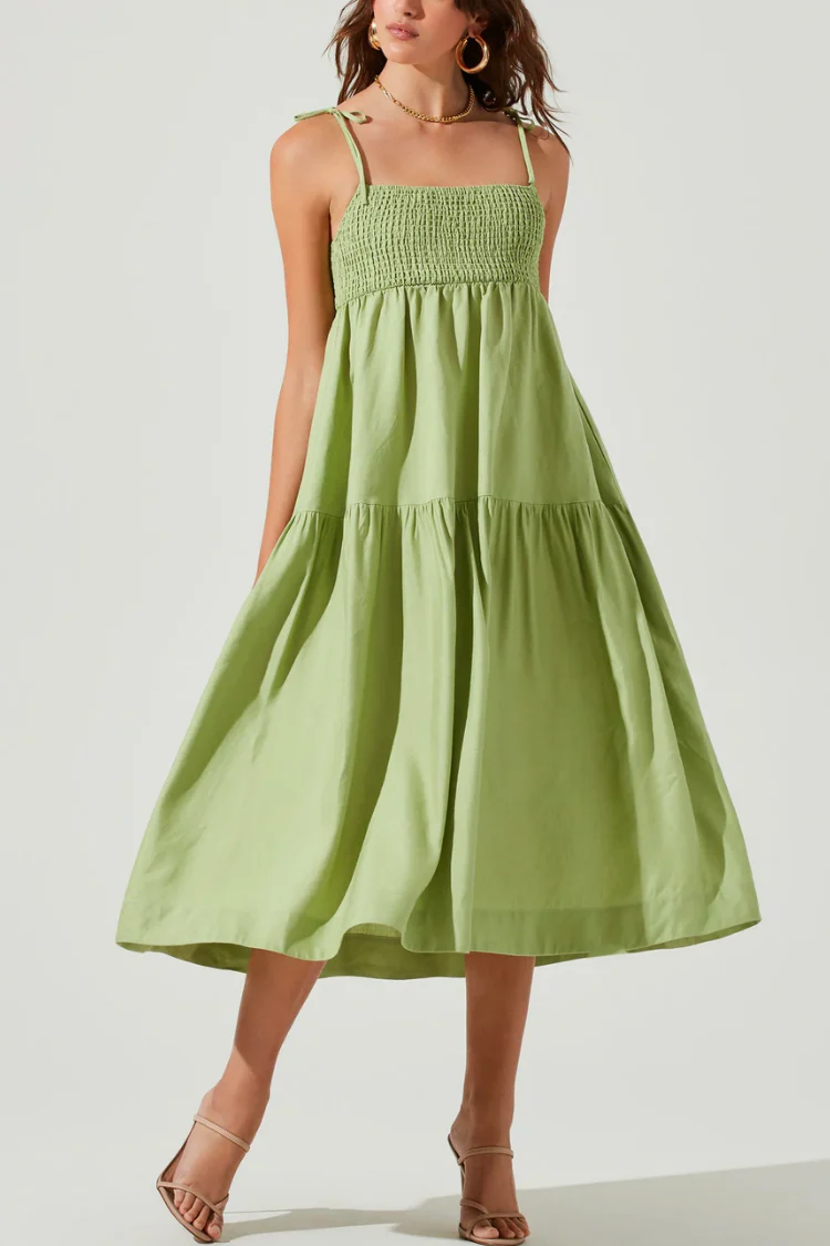 Marlene Square Neck Smocked Midi Dress - Green - FINAL SALE