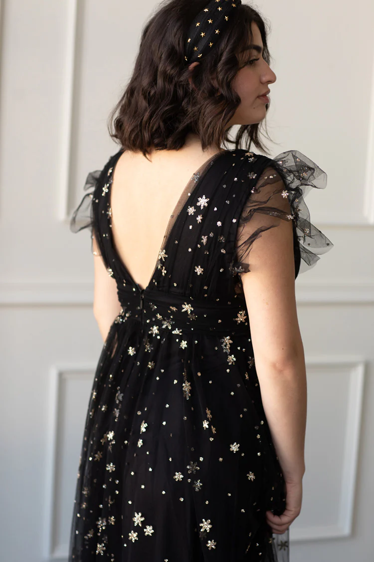 Starry Eyed Sequin Star Mesh Maxi - Black