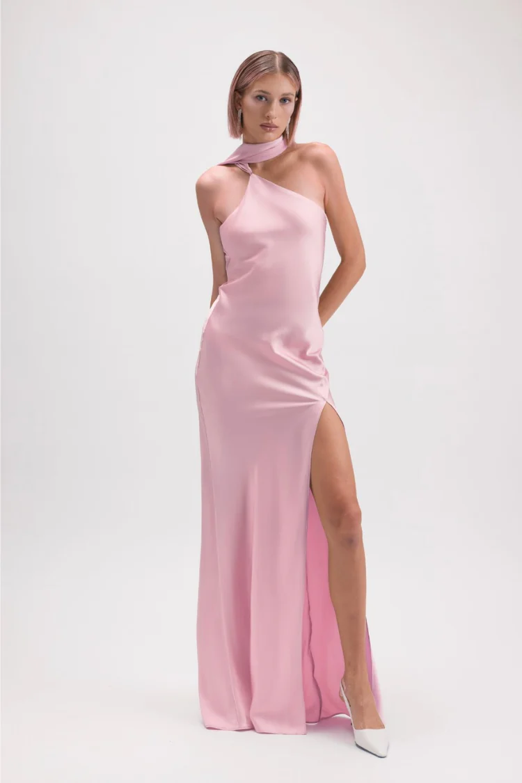 Hailey Satin Maxi Dress with Neck Scarf - Pink