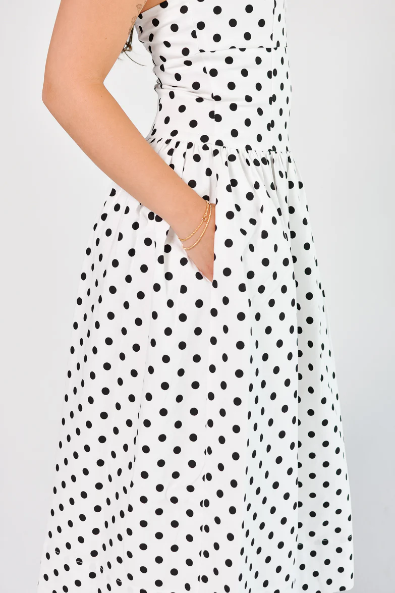 Roman Holiday Strapless White Polka Dot Midi Dress