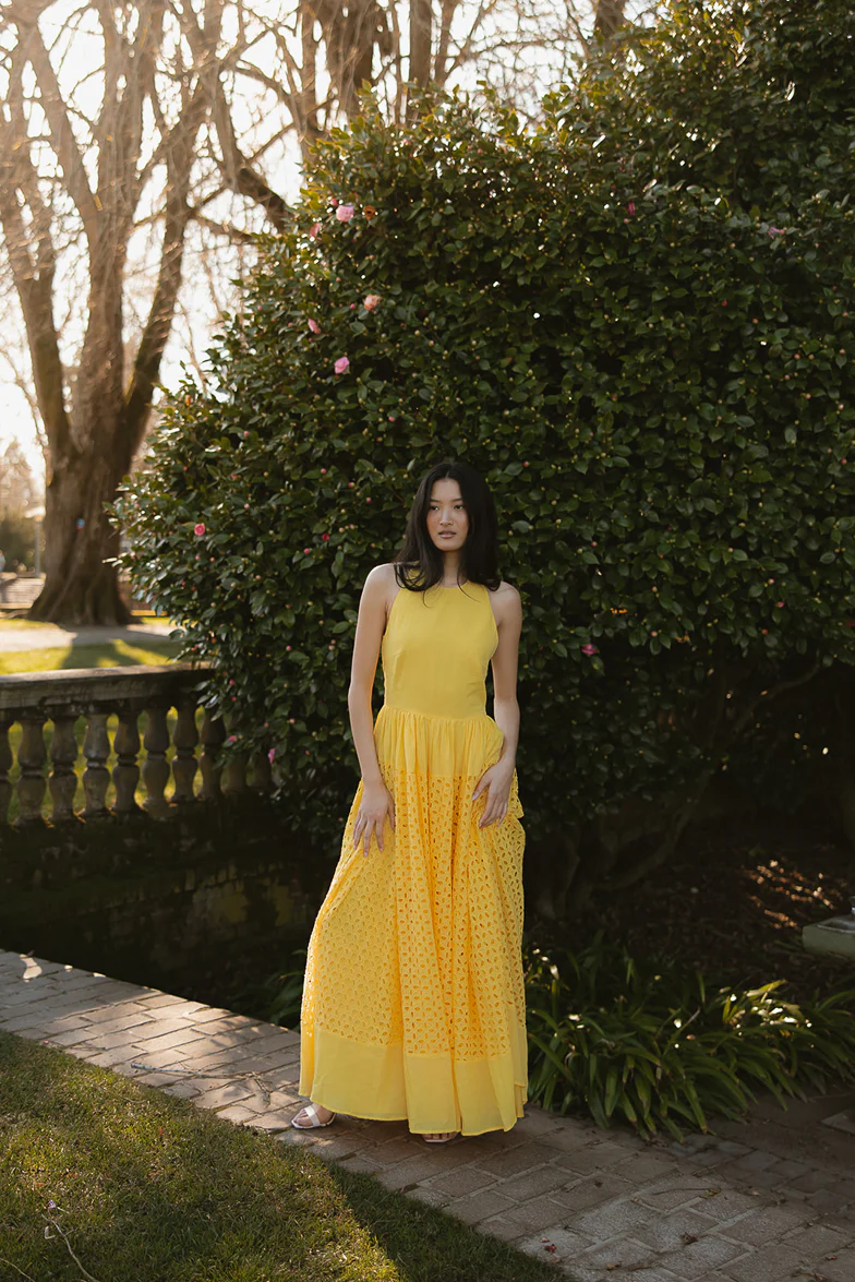 Serena Yellow Eyelet Maxi Dress