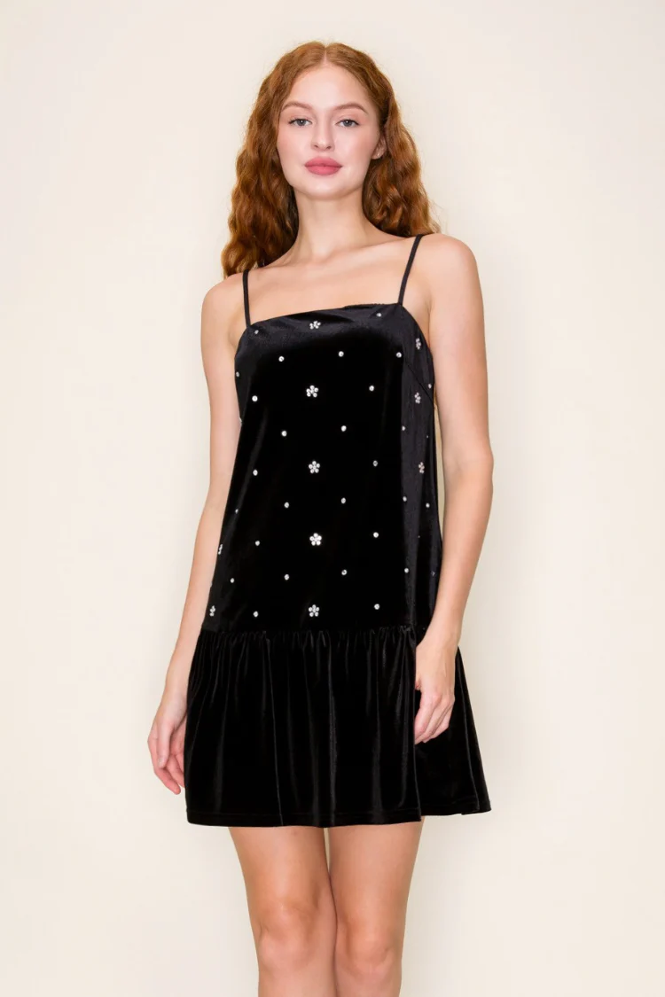 Eva Studded Black Velvet Mini Dress