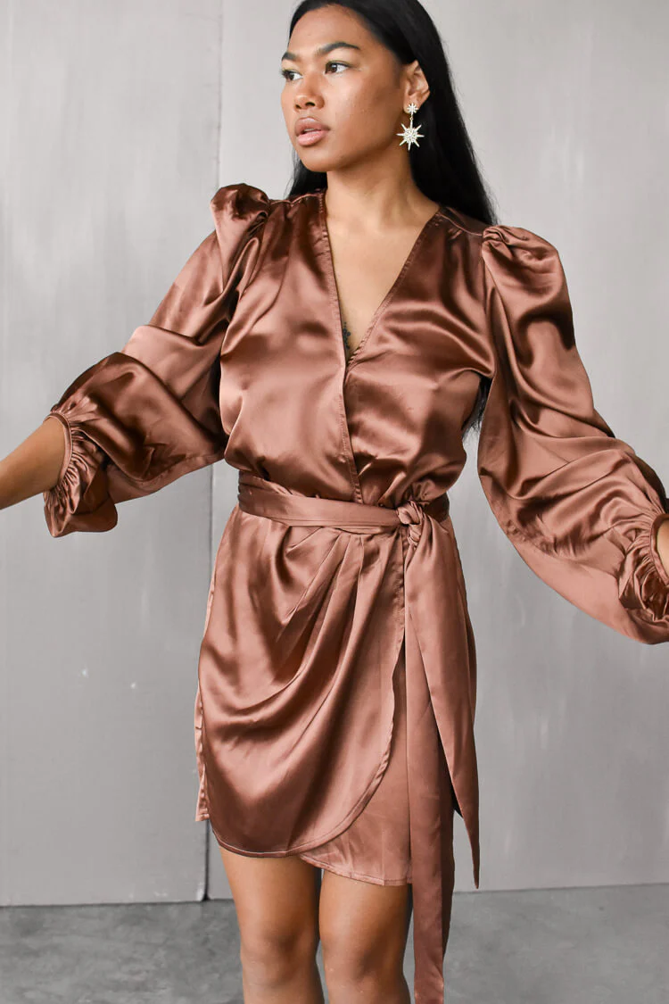Gal Satin Wrap Mini Dress - Bronze - FINAL SALE