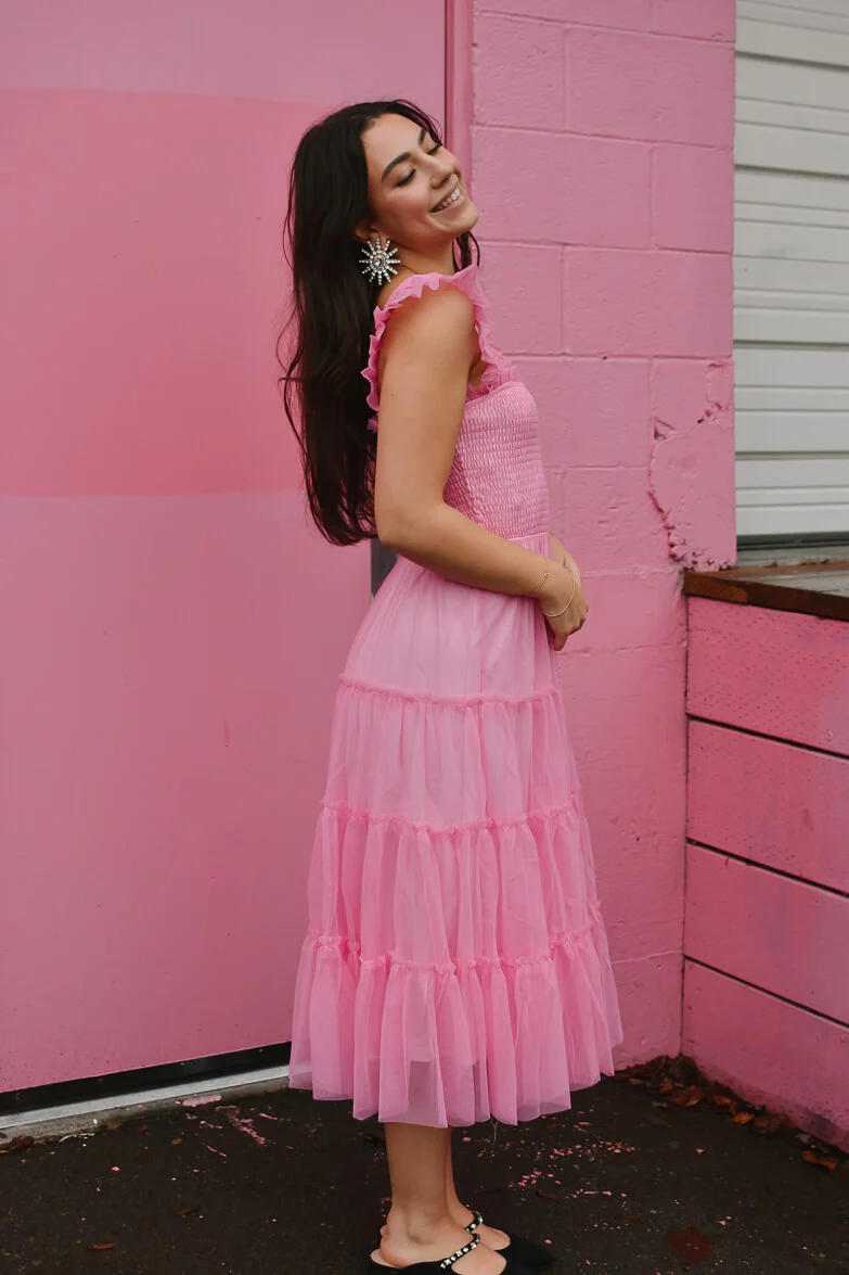 Fiori Short Bright Pink Tulle Tiered Midi Dress