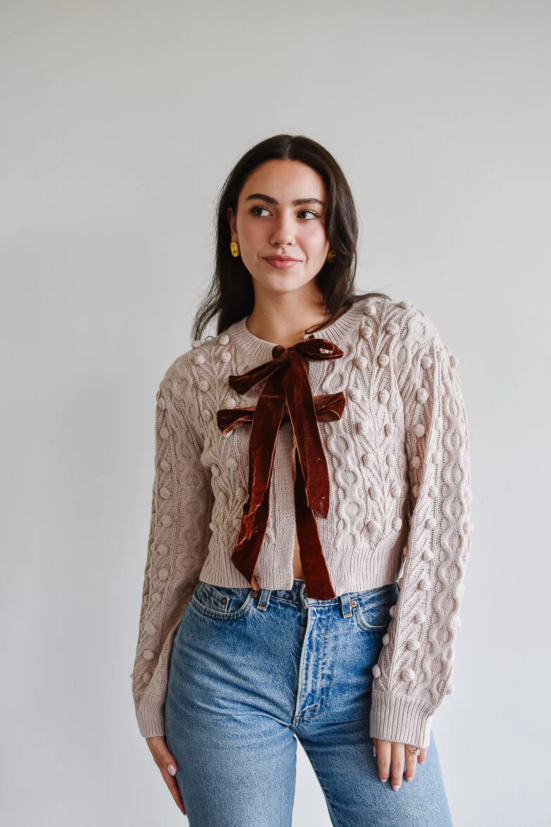 James Velvet Bow Tie Cardigan - Blush - FINAL SALE