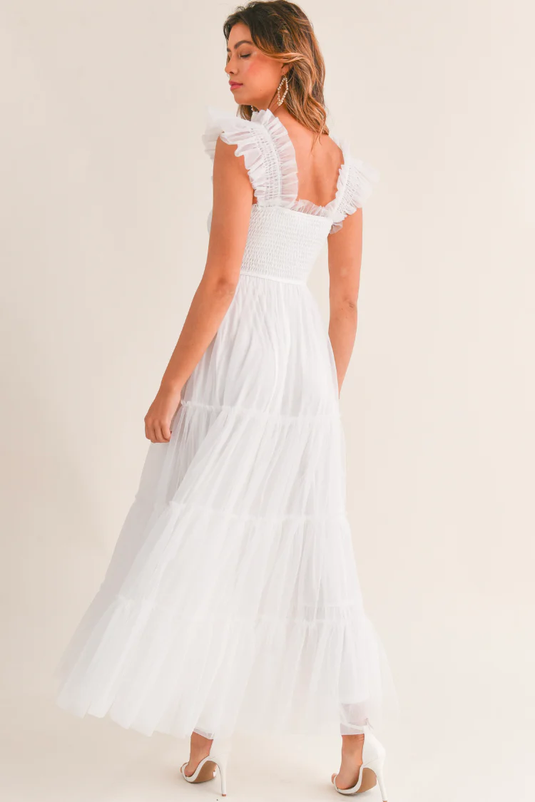 Fiori Tulle Tiered Maxi Dress - White