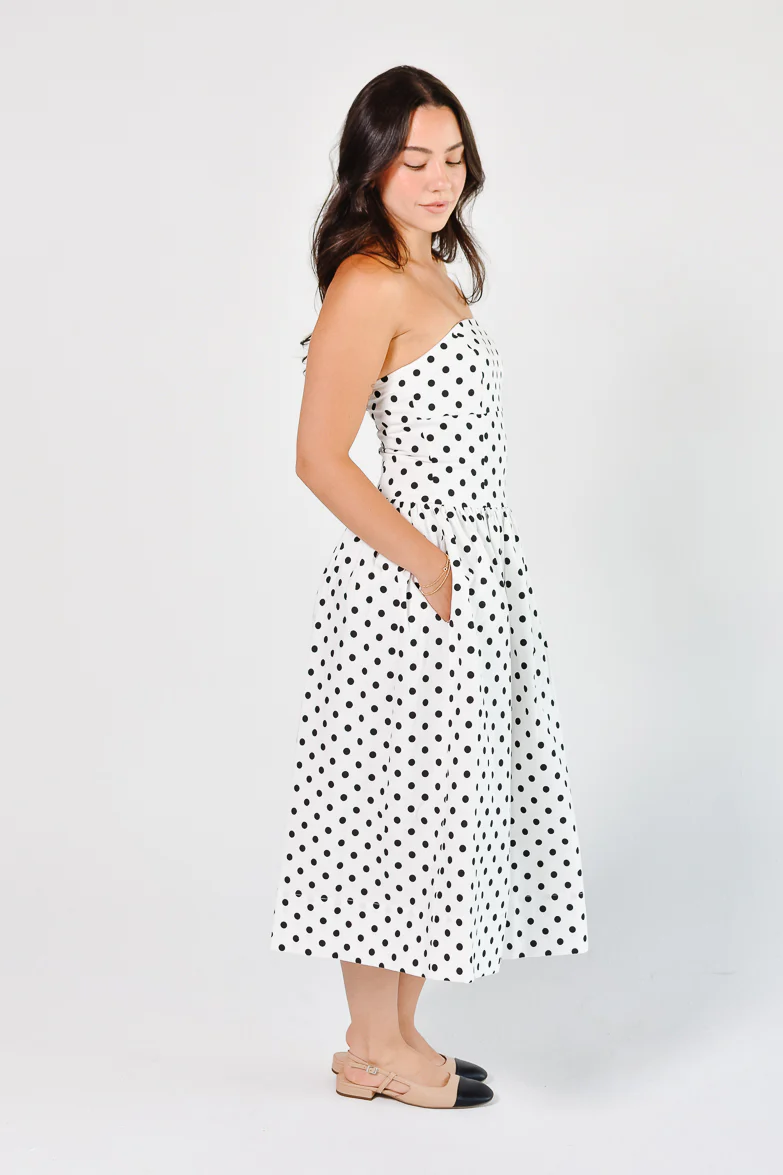Roman Holiday Strapless White Polka Dot Midi Dress