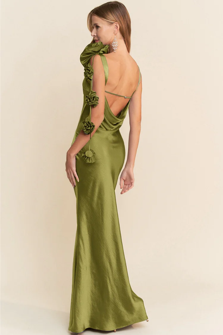 Lana Cowl Back Gown with 3D Floral Trim - Olive Green