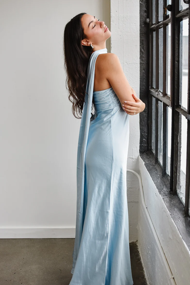 Elsa Ice Blue Maxi Dress with Neck Scarf