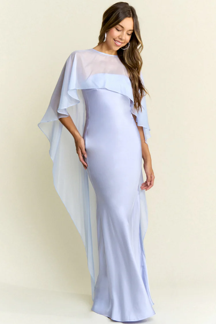 Giselle Blue Silky Maxi Dress with Cape