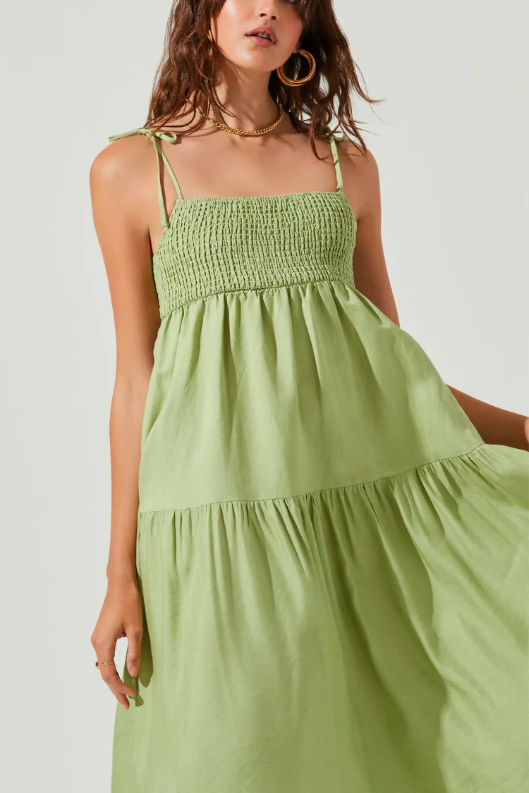 Marlene Square Neck Smocked Midi Dress - Green - FINAL SALE