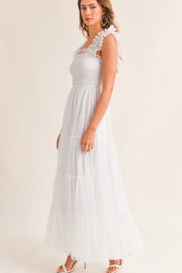 Fiori Tulle Tiered Maxi Dress - White