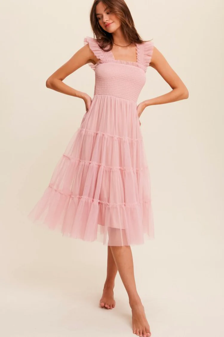 Fiori Short Pink Tulle Tiered Midi Dress - FINAL SALE