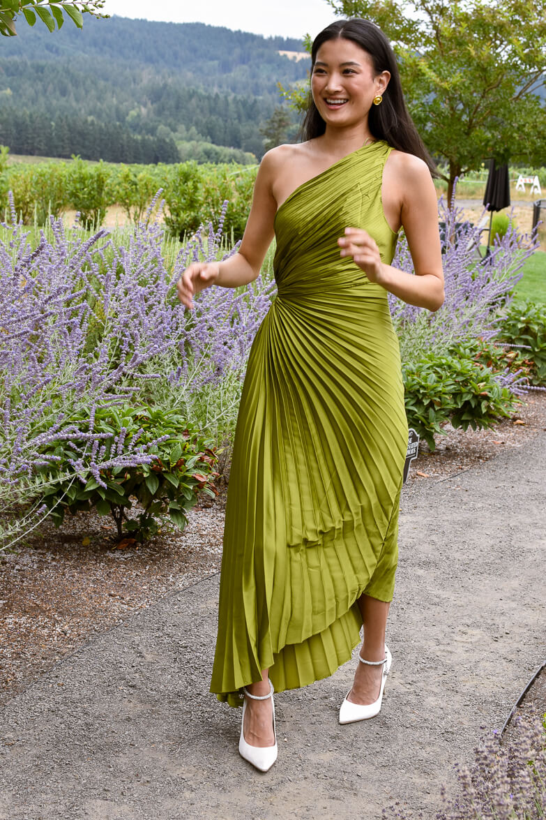 Olympia Olive Green Pleated One Shoulder Gown