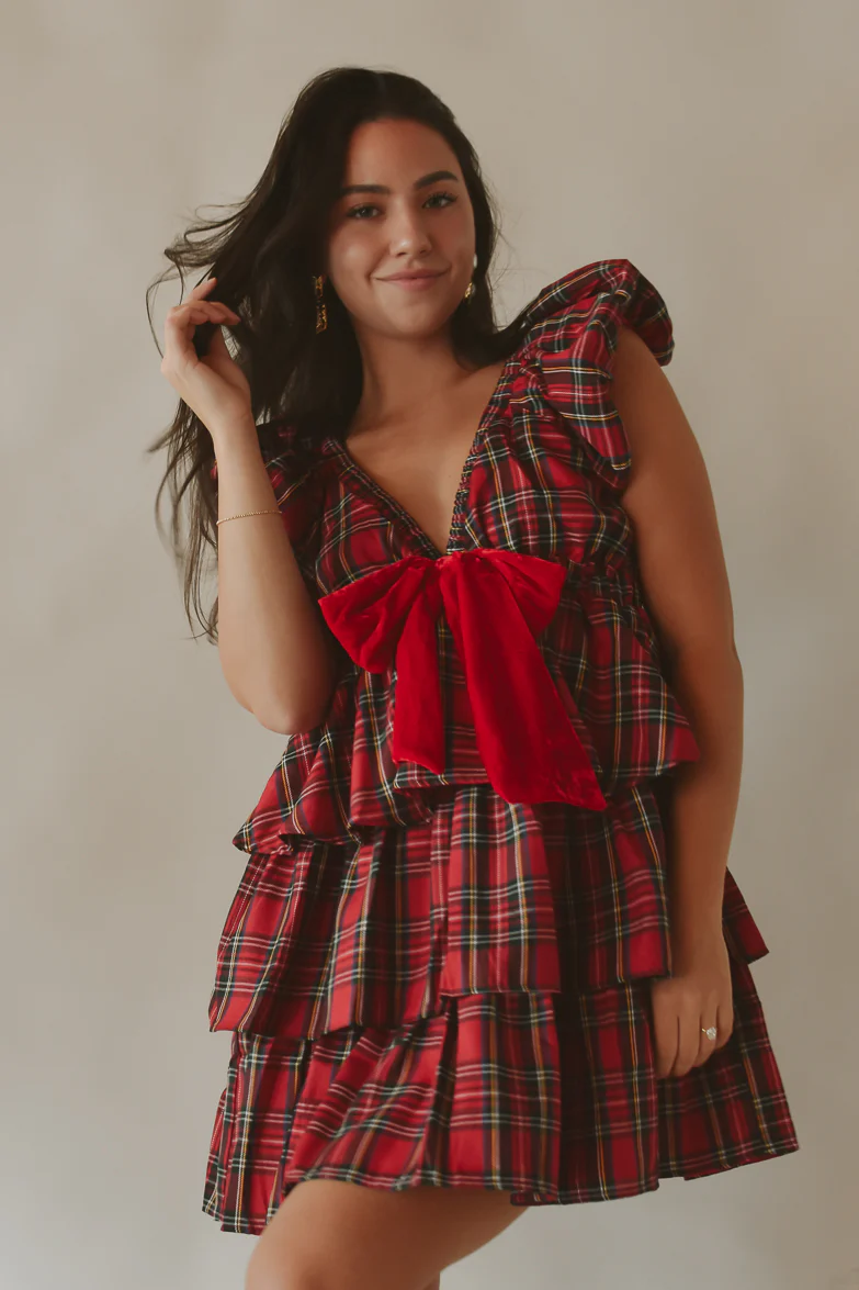 Evelyn Red Plaid Tiered Mini Dress