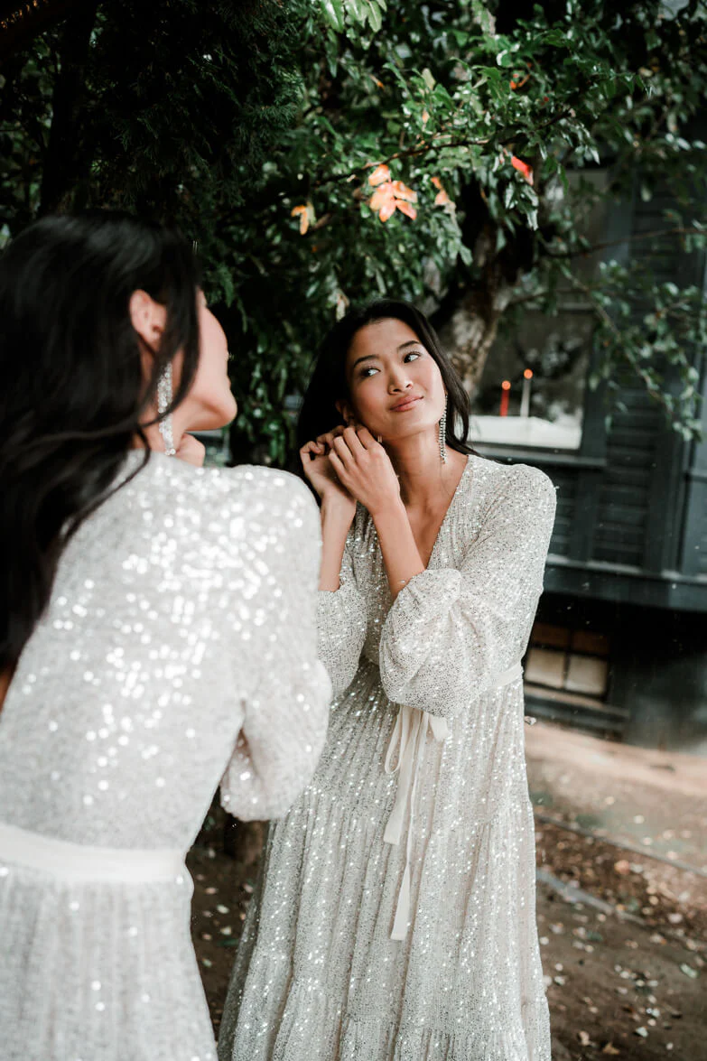 Midnights Sequin Midi Dress - Champagne Silver