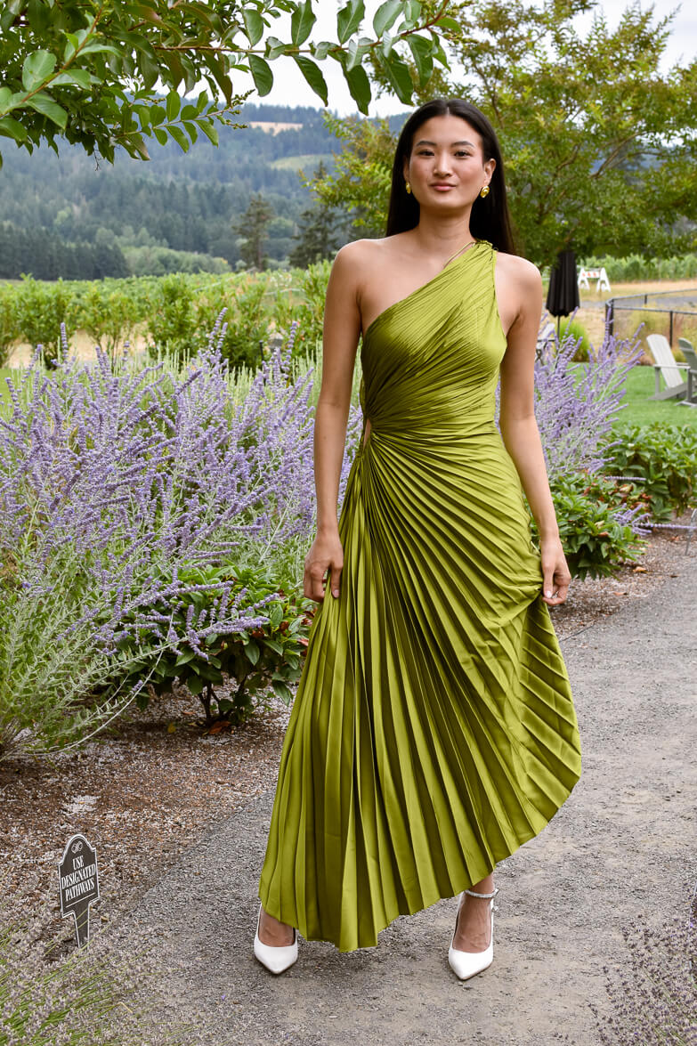 Olympia Olive Green Pleated One Shoulder Gown