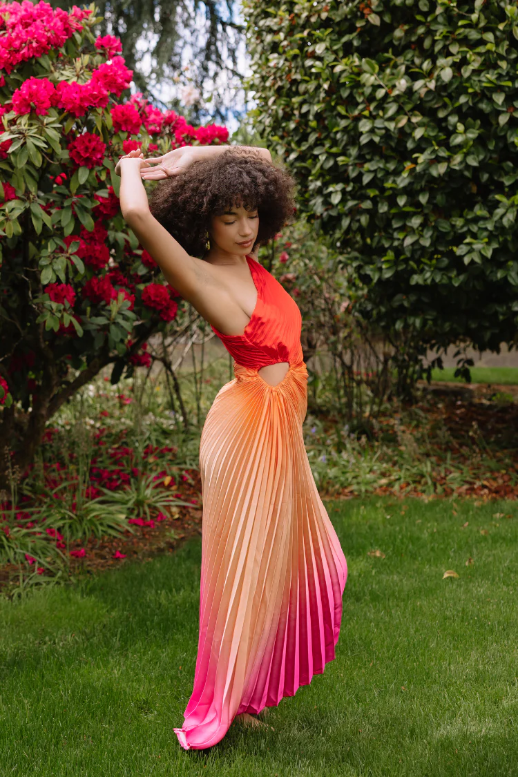 Olympia Pink Ombre Pleated One Shoulder Gown - Hibiscus Cosmo