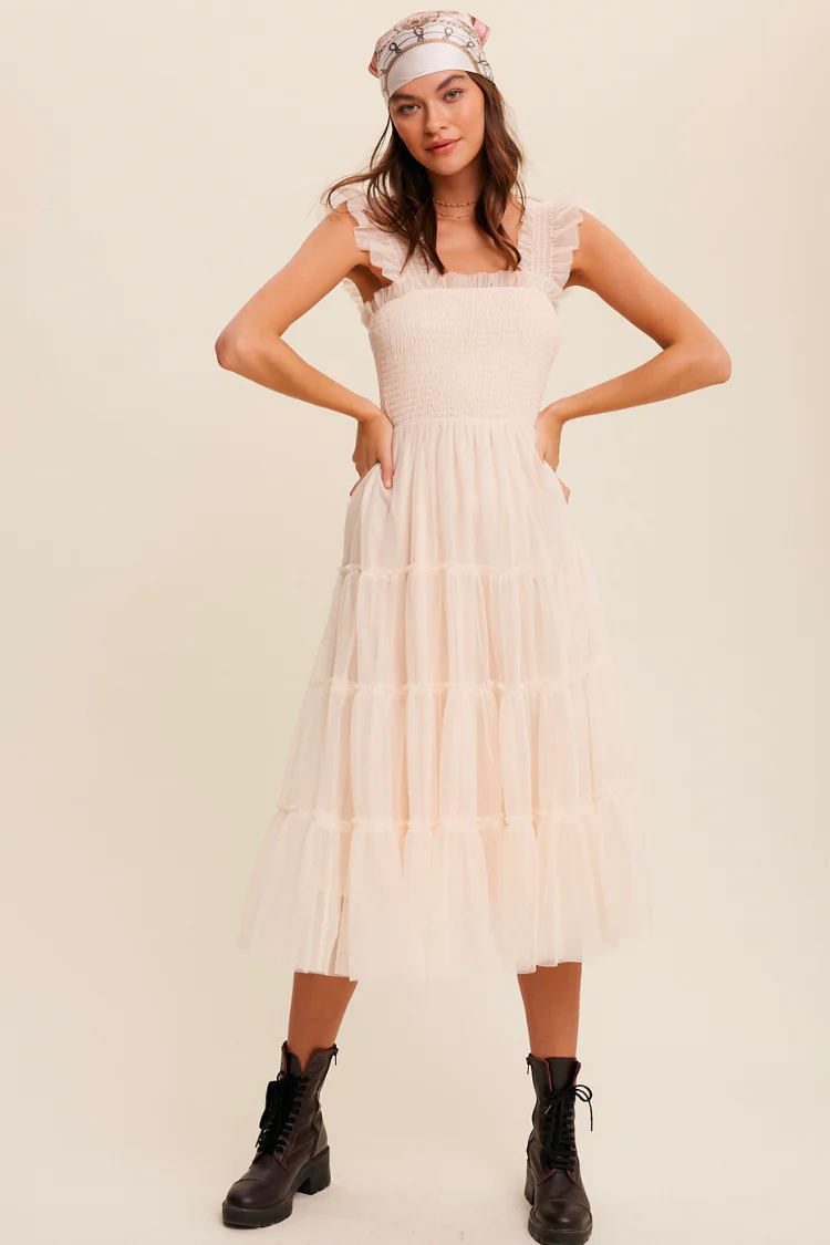 Fiori Short Champagne Tulle Tiered Midi Dress - FINAL SALE